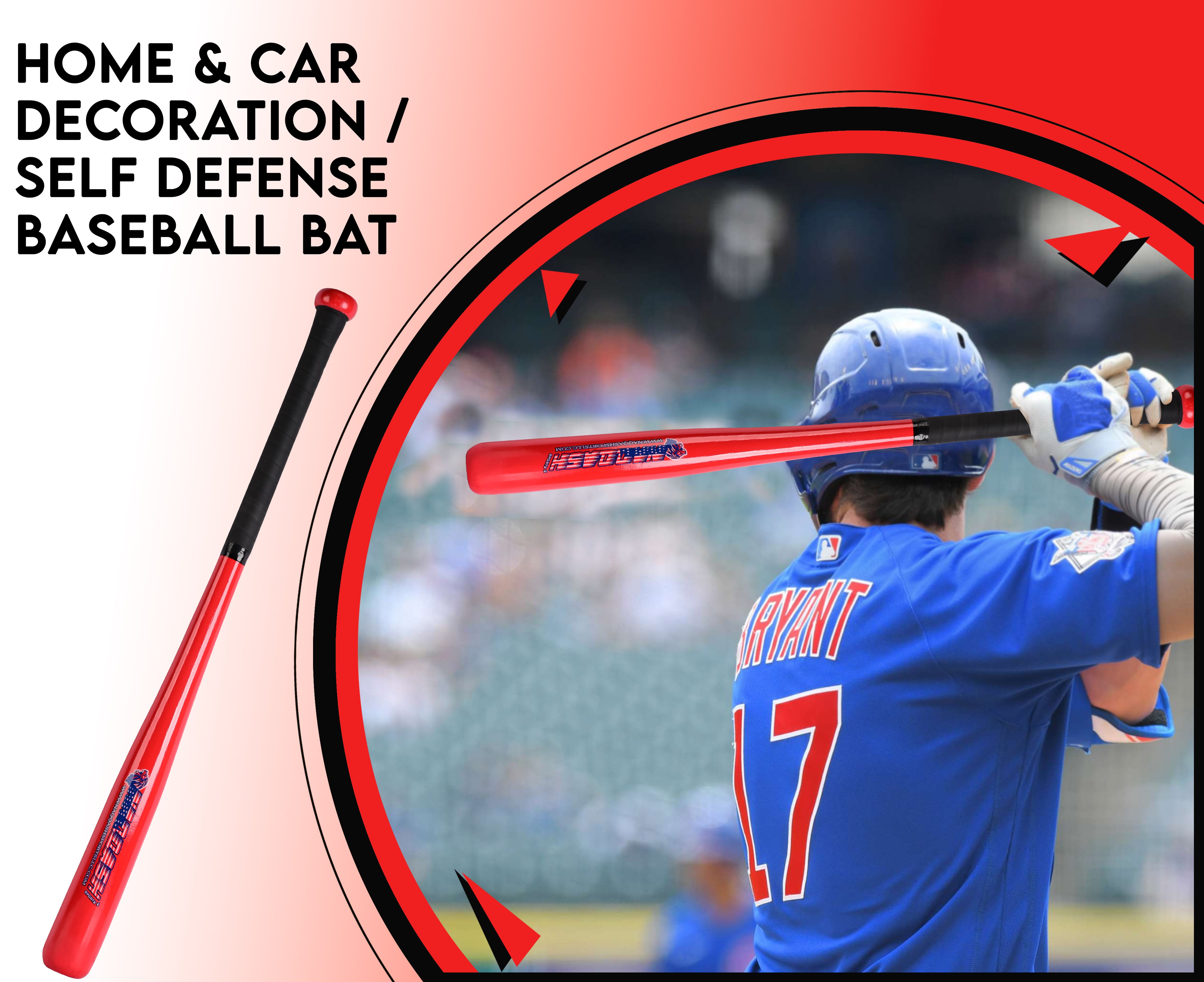 34 Inch Self Defense Baseball Bat Red Barrel & Black Grip Beech Wood/Poplar Wood/Solidwood