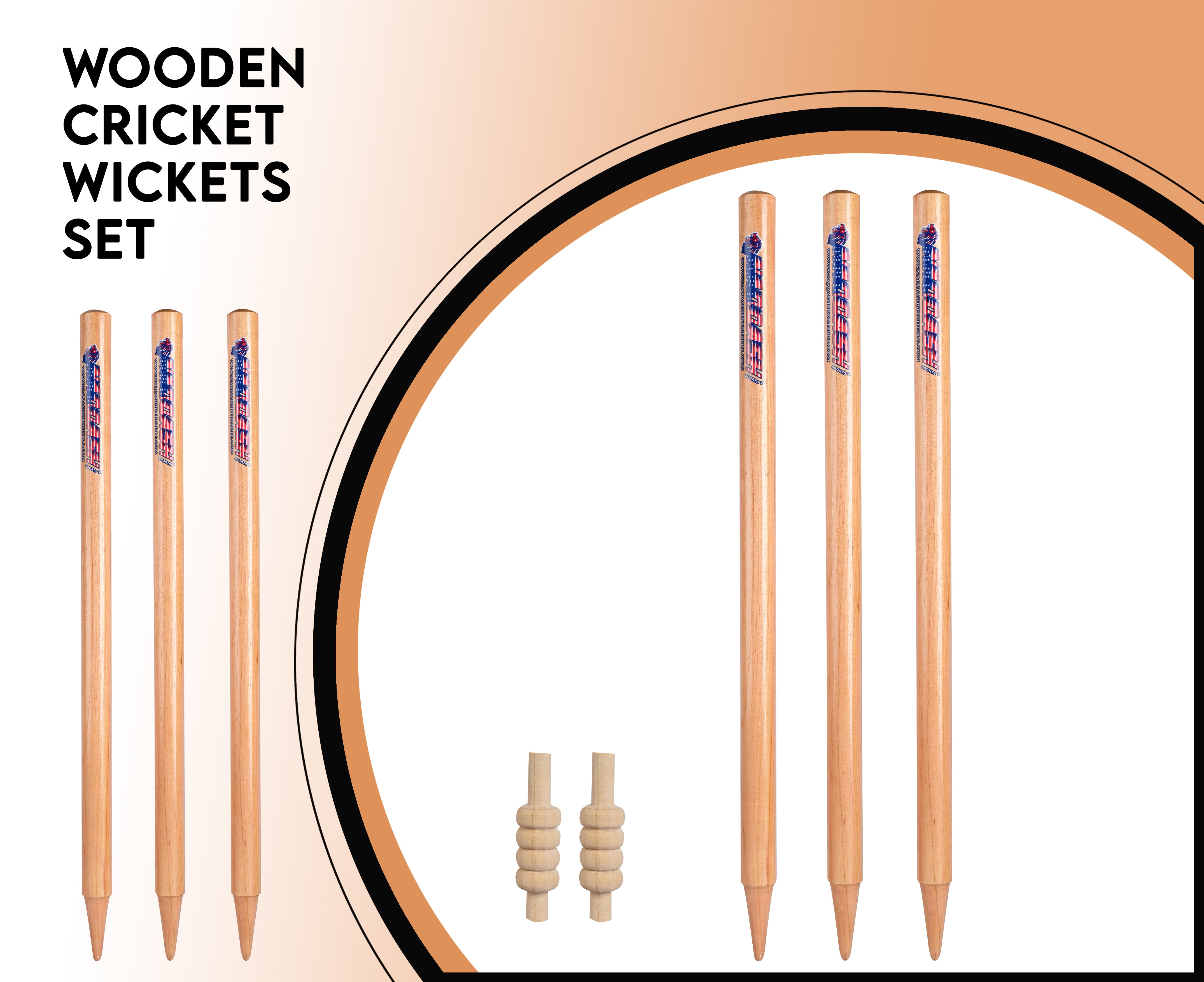 Pack of 3 Cricket Wickets with 2 Bails - Natural Color Portable Cricket Wickets Wood