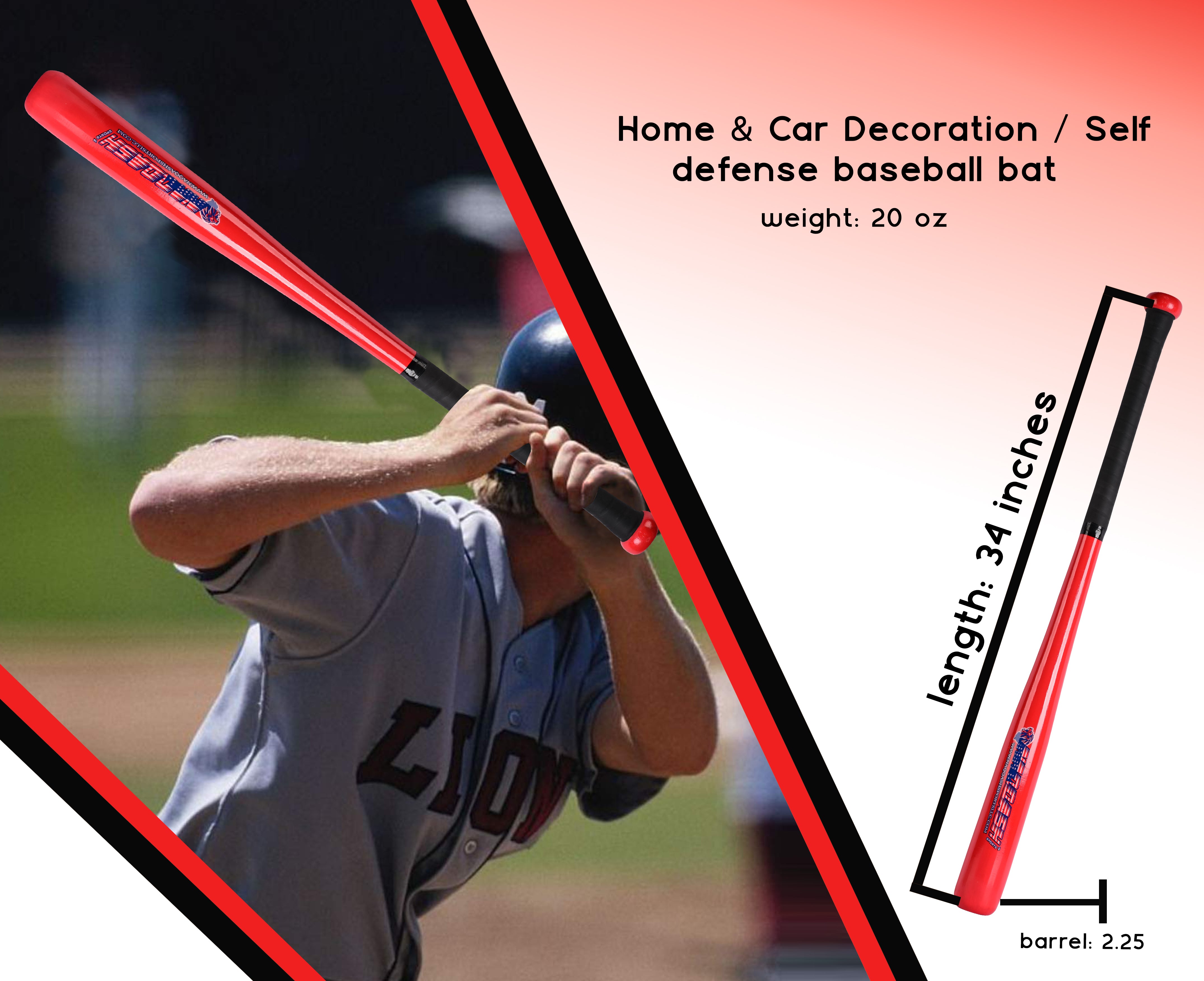 34 Inch Self Defense Baseball Bat Black Barrel & Black Grip Beech WoodPoplar WoodSolid  for Youth & Adult 20 oz