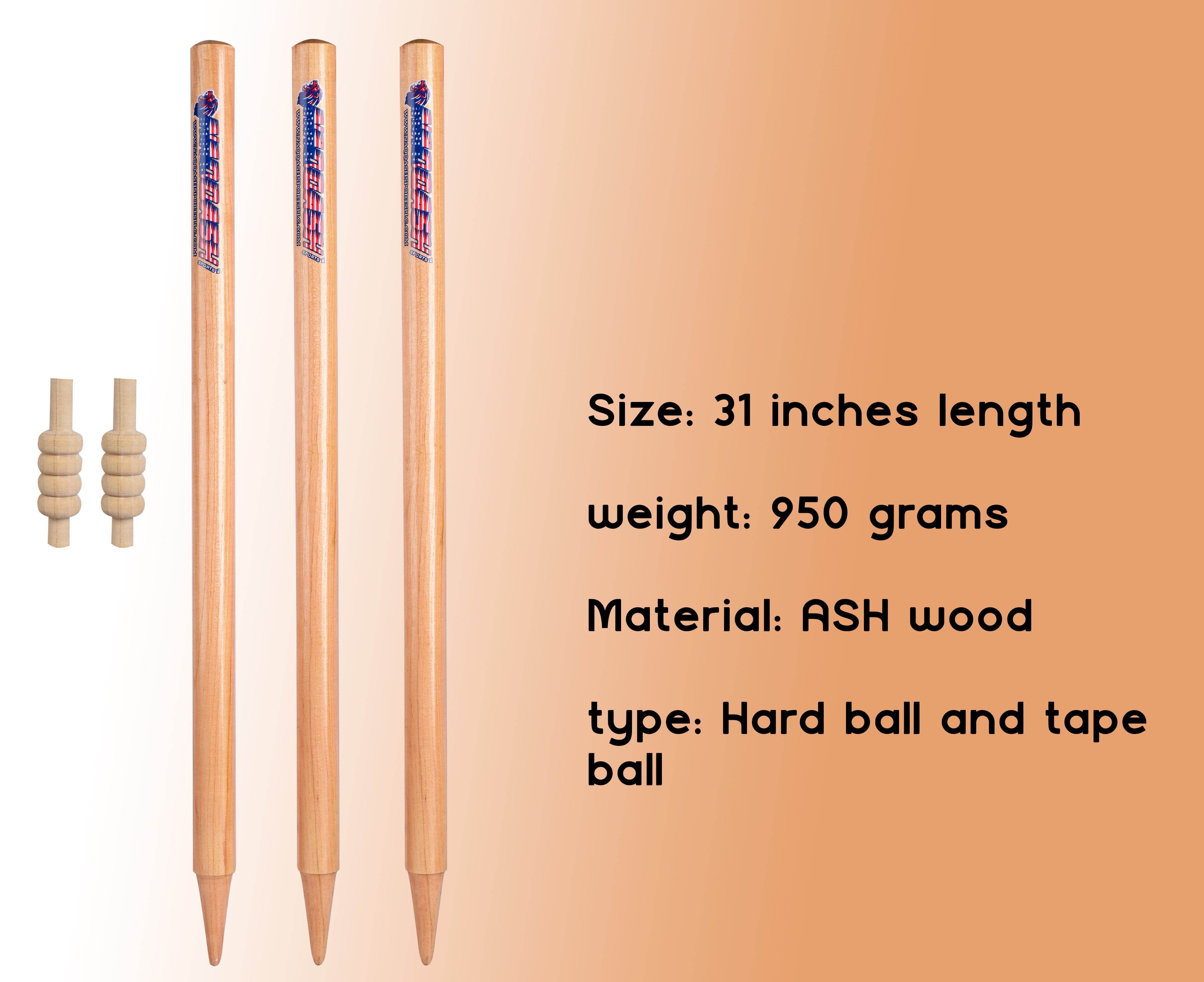 Pack of 3 Cricket Wickets with 2 Bails - Natural Color Portable Cricket Wickets Wood