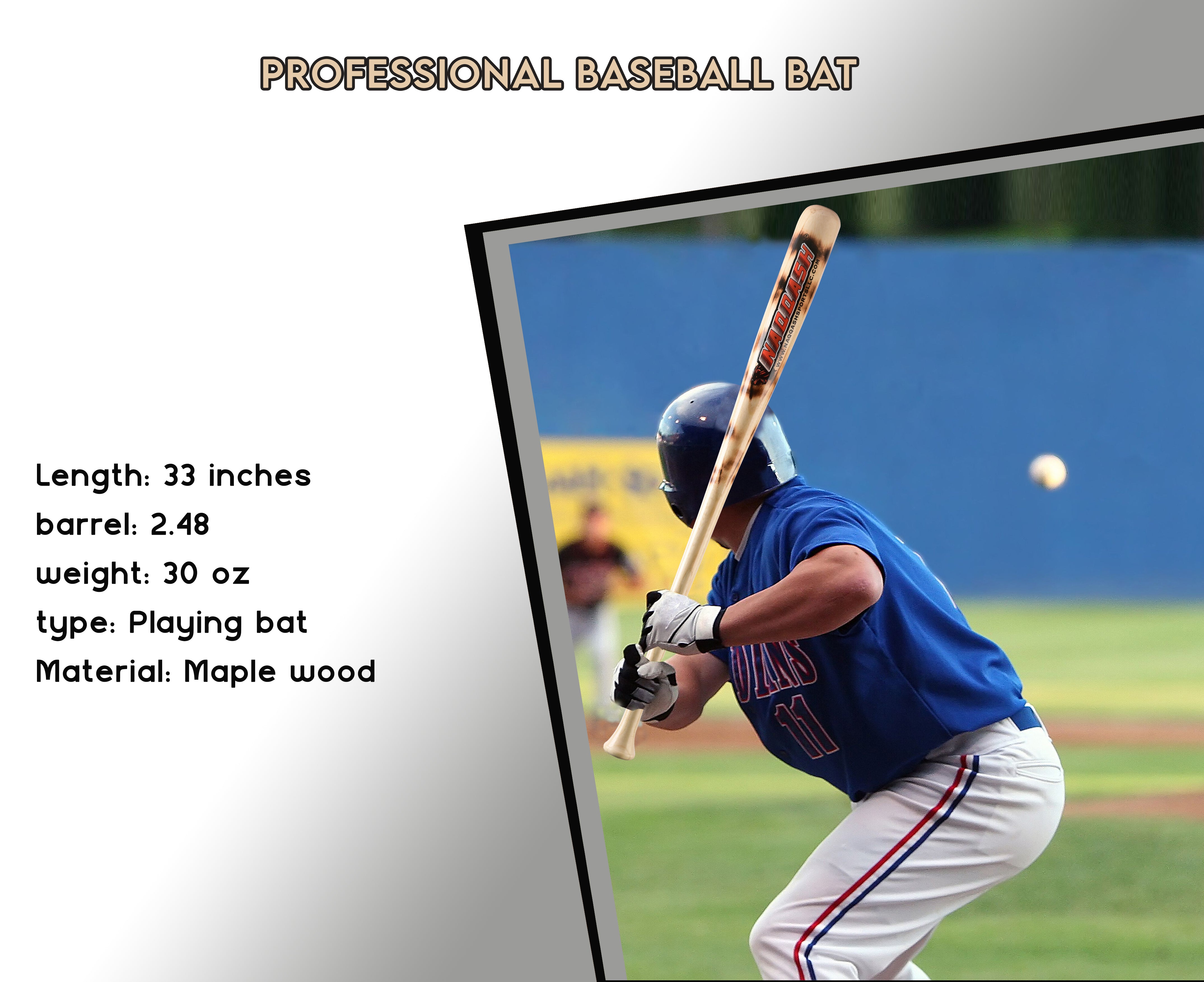 33" / 30 oz Flame Work Pro Maple Wood Baseball Bat by Naqqash Sports