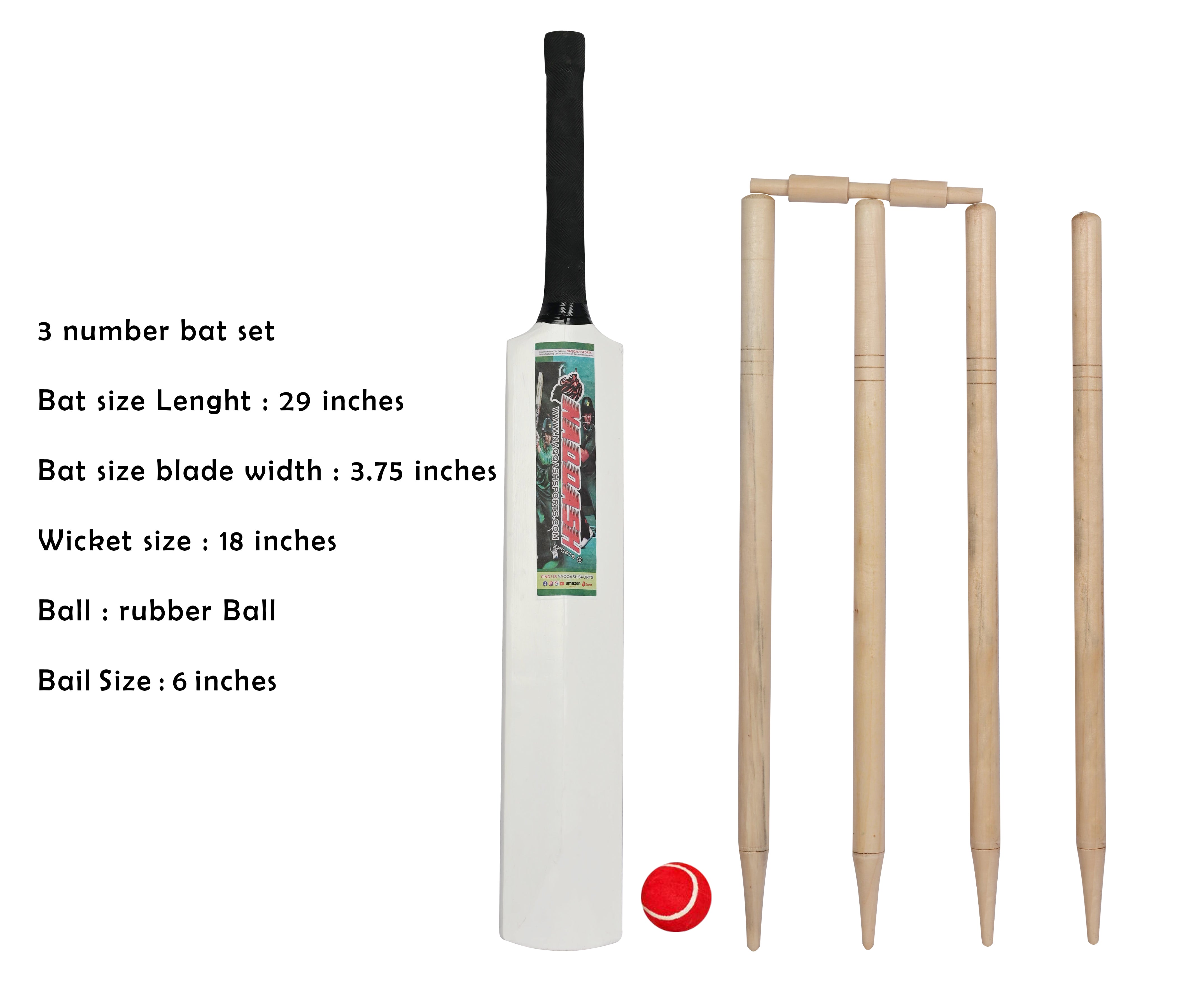 Junior Wooden Cricket Bat Set - Sizes 3, 4