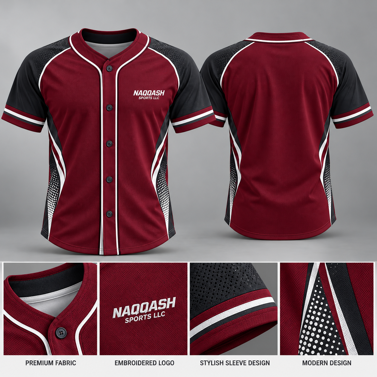 Premium Maroon & Black Baseball Jersey – Custom Button-Up Team Uniform | Naqqash Sports LLC