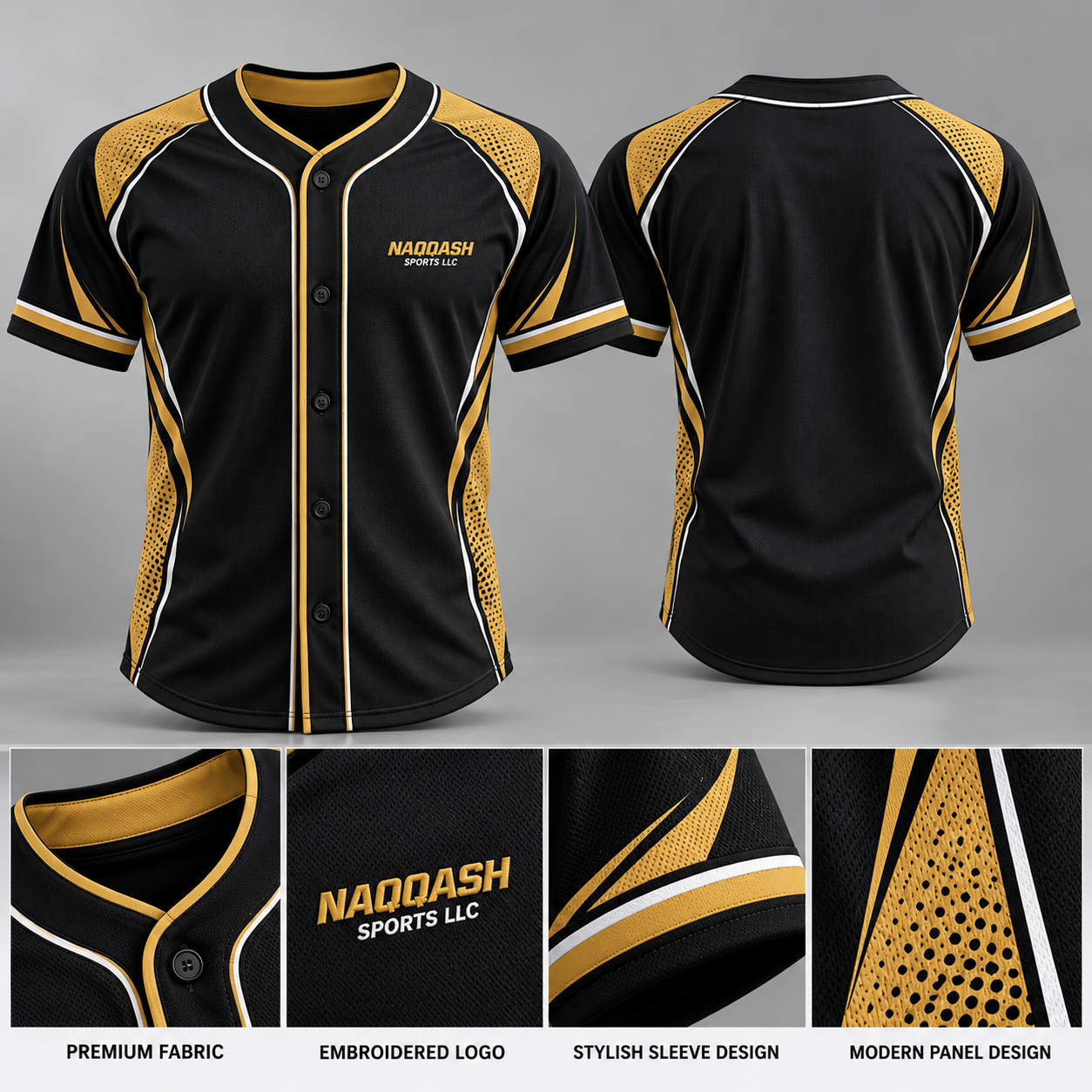 Premium Black & Gold Baseball Jersey – Custom Button-Up Team Uniform | Naqqash Sports LLC