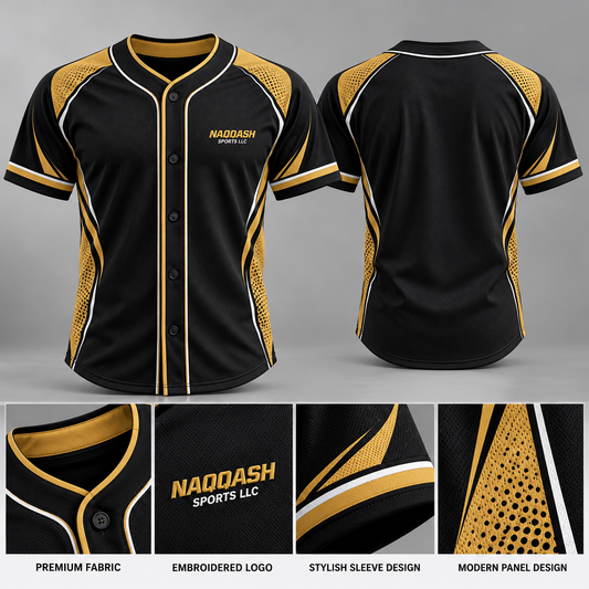 Premium Black & Gold Baseball Jersey – Custom Button-Up Team Uniform | Naqqash Sports LLC