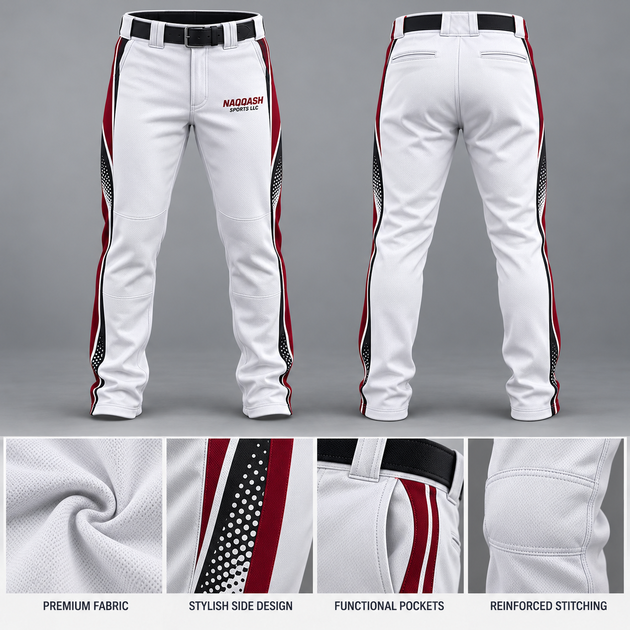 Premium White, Maroon & Black Baseball Pants – Custom Team Uniform Pants | Naqqash Sports LLC