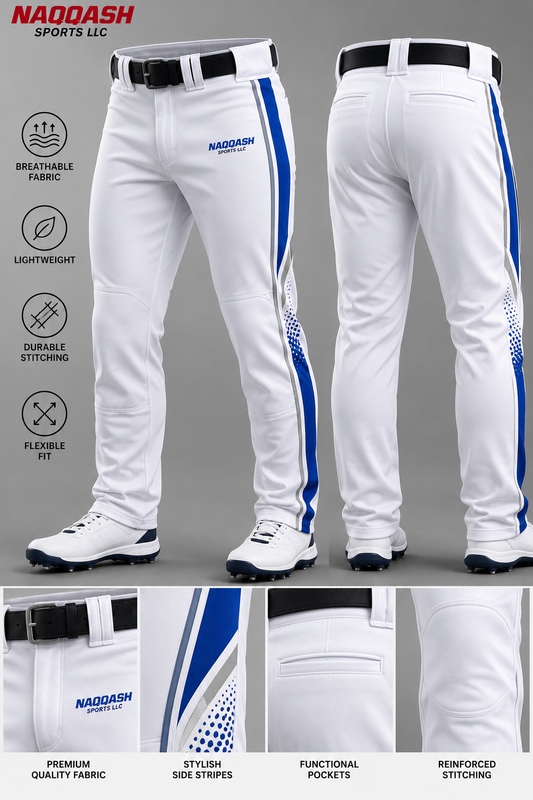 Premium White & Royal Blue Baseball Pants – Custom Team Uniform Pants | Naqqash Sports LLC