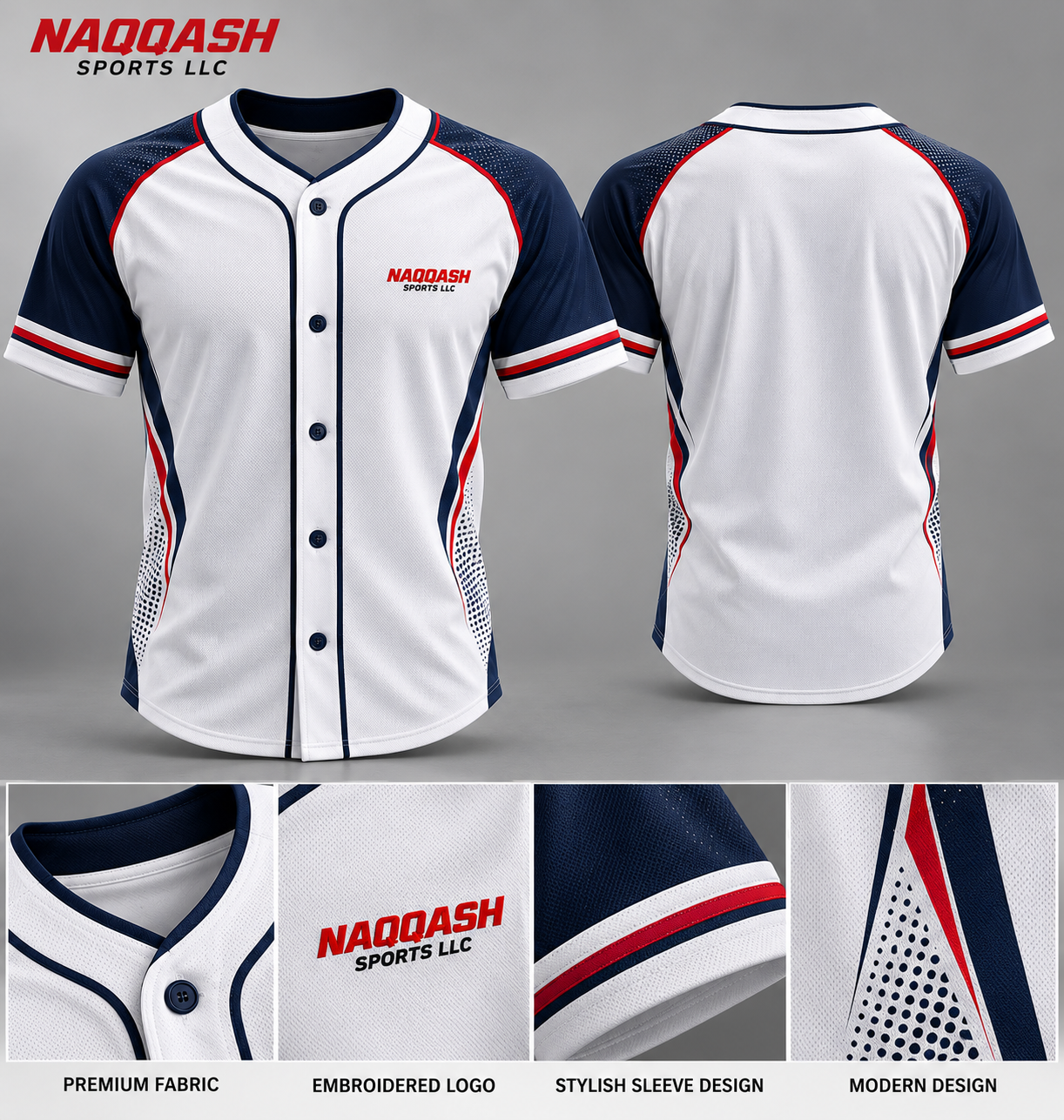 Premium White, Navy Blue & Red Baseball Jersey – Custom Button-Up Team Uniform | Naqqash Sports LLC