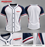 Premium White, Navy Blue & Red Baseball Jersey – Custom Button-Up Team Uniform | Naqqash Sports LLC