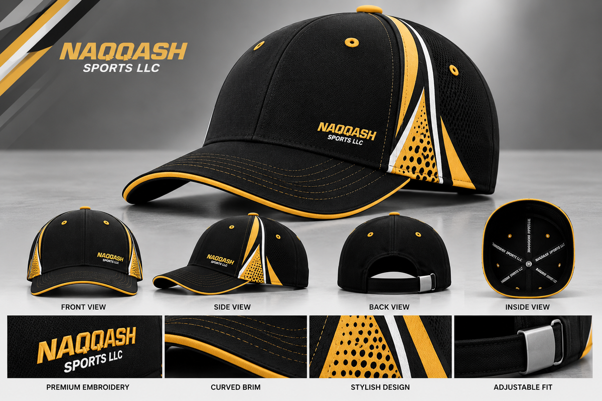 Premium Black & Gold Baseball Cap – Custom Embroidered Sports Hat | Naqqash Sports LLC