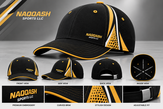 Premium Black & Gold Baseball Cap – Custom Embroidered Sports Hat | Naqqash Sports LLC